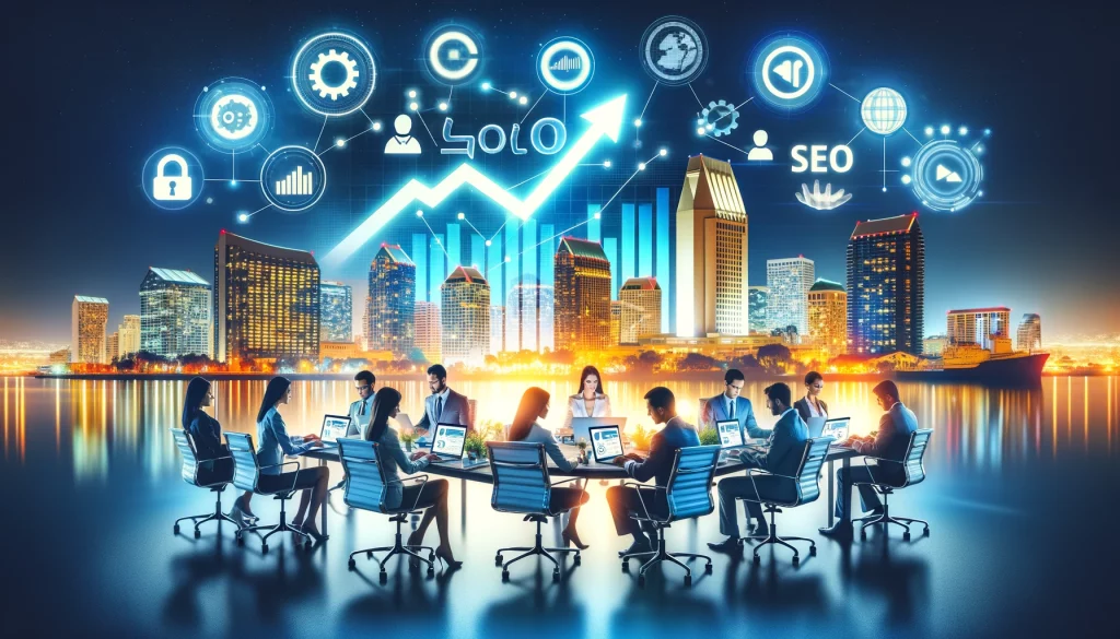 A dynamic scene showcasing a team of SEO experts working on digital marketing strategies with the San Diego skyline in the background and a rising graph symbolizing growth in SEO rankings.